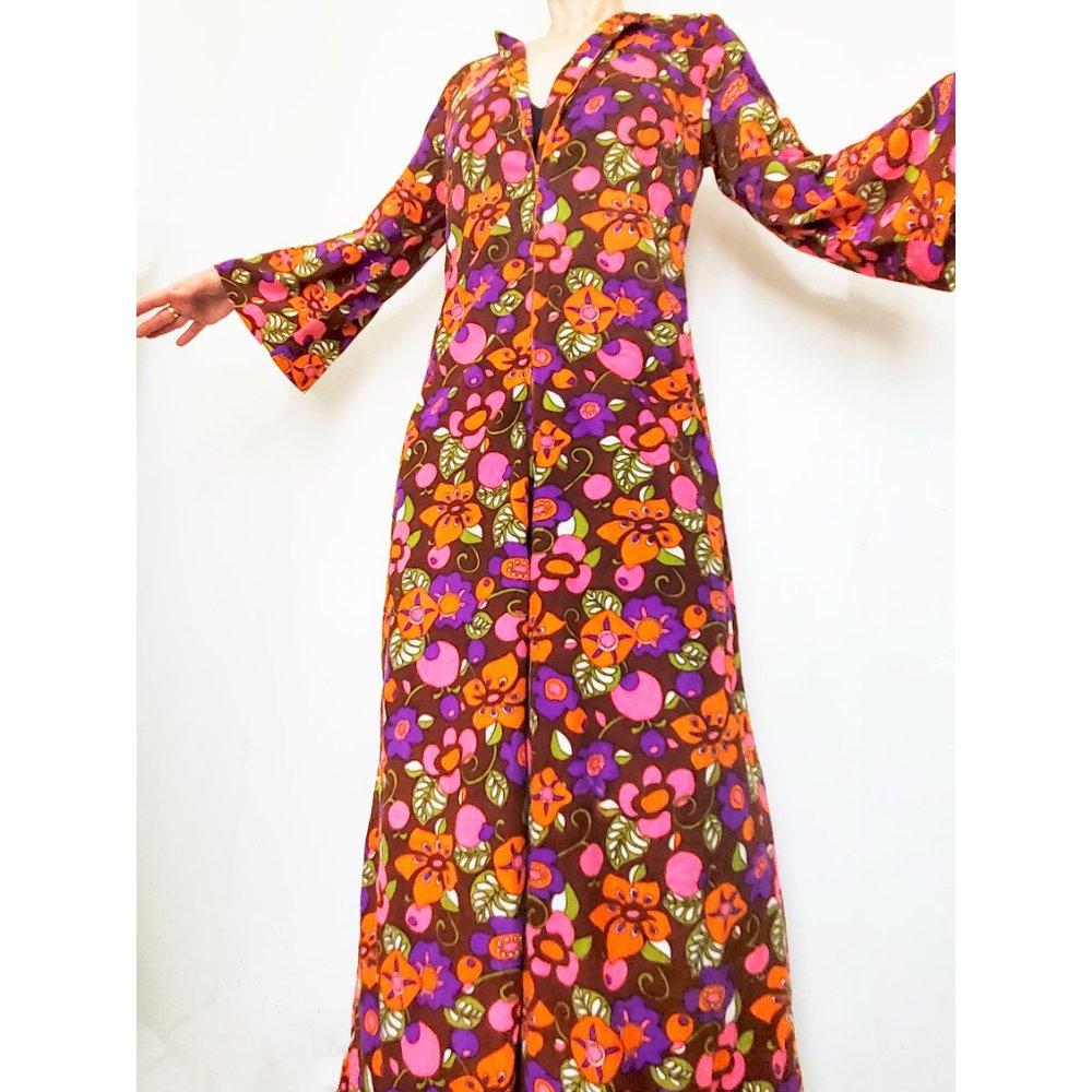 Vintage 60s 70s Womens Rare Psychedelic Floral Print Velour Jumpsuit Loungewear - Picture 8 of 13